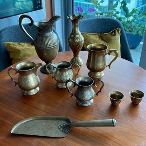 Antique Jug Set Kitchen Decor Brass with 2 mini cups and a cake serving knife